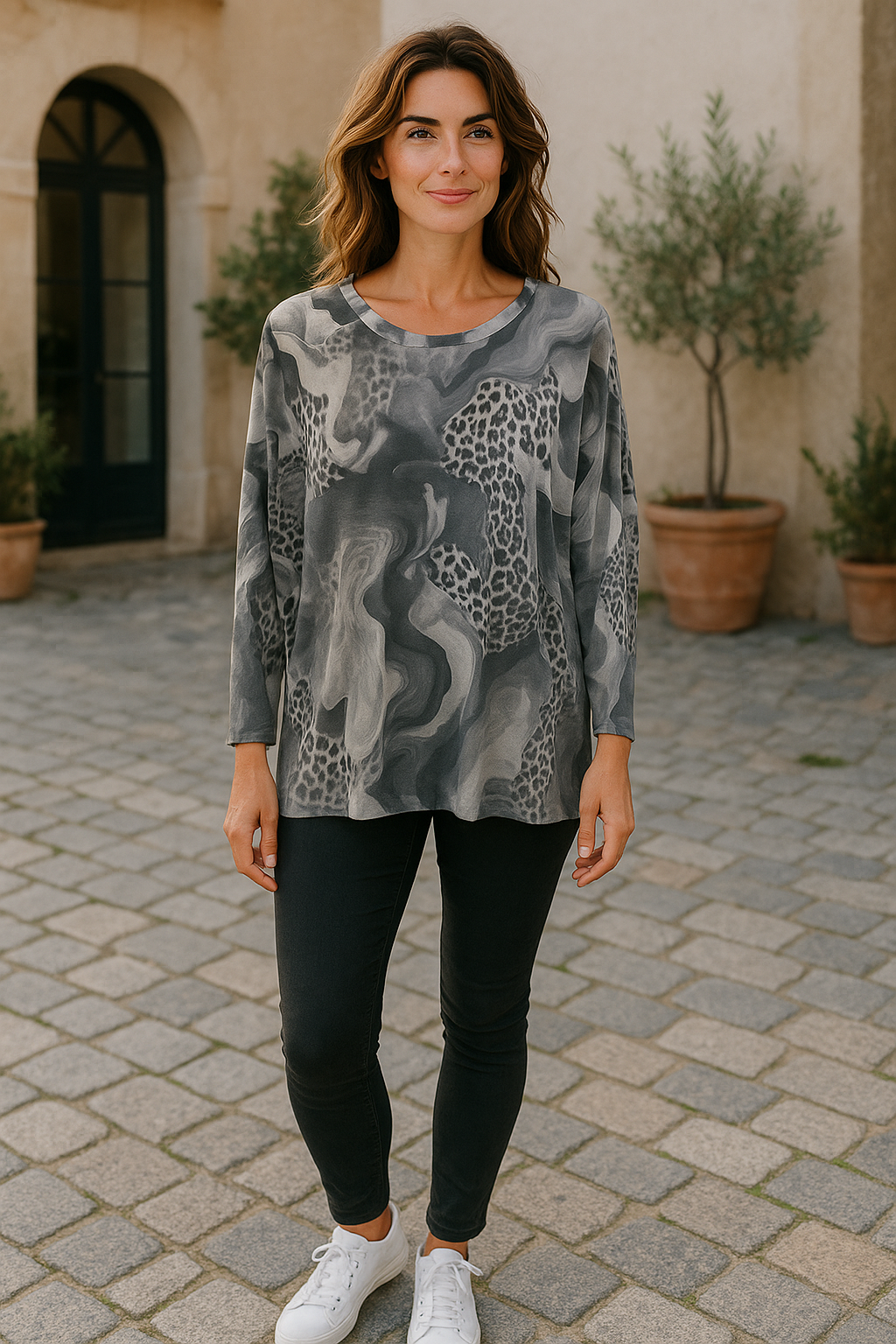 Swirly Animal Karma Curved Hem Top