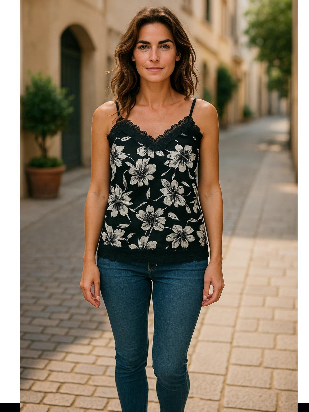 Floral Print Lace Trim Ling Ling Vest